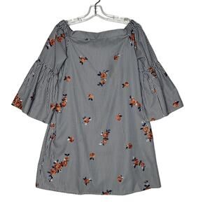 Uncle Frank Bell Sleeve Floral Embroidered Off the Shoulder Dress Blue White S